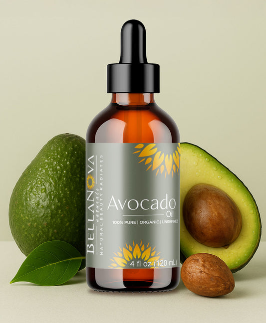 Bottle of Bellanova Avocado Oil with an avocado and its seed on a light background
