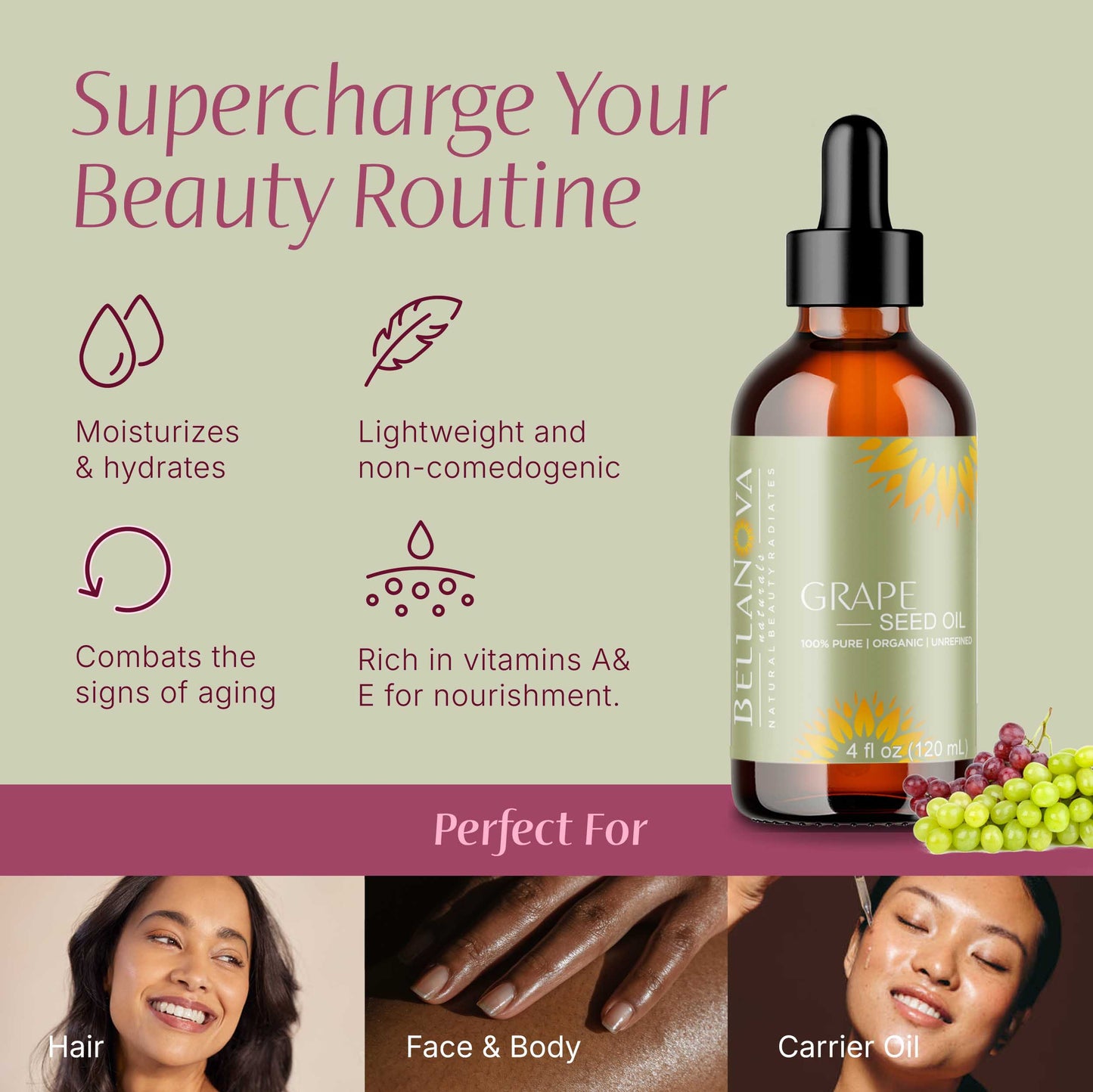Grape Seed Oil | Unrefined Organic Oil for Skincare & Haircare