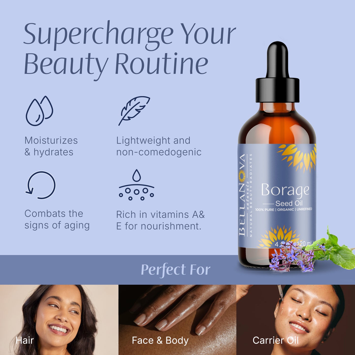 Borage Seed Oil, Organic, Cold-Pressed, Pure Oil for Beauty & Wellness